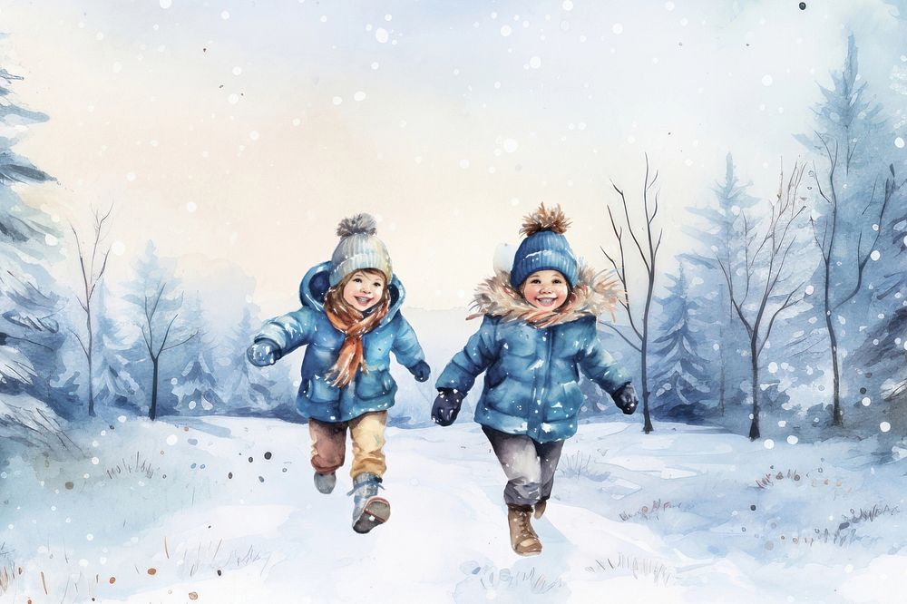 Kids running in the snow, watercolor illustration remix