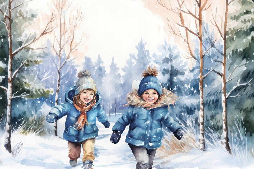 Kids running in the snow, watercolor illustration remix