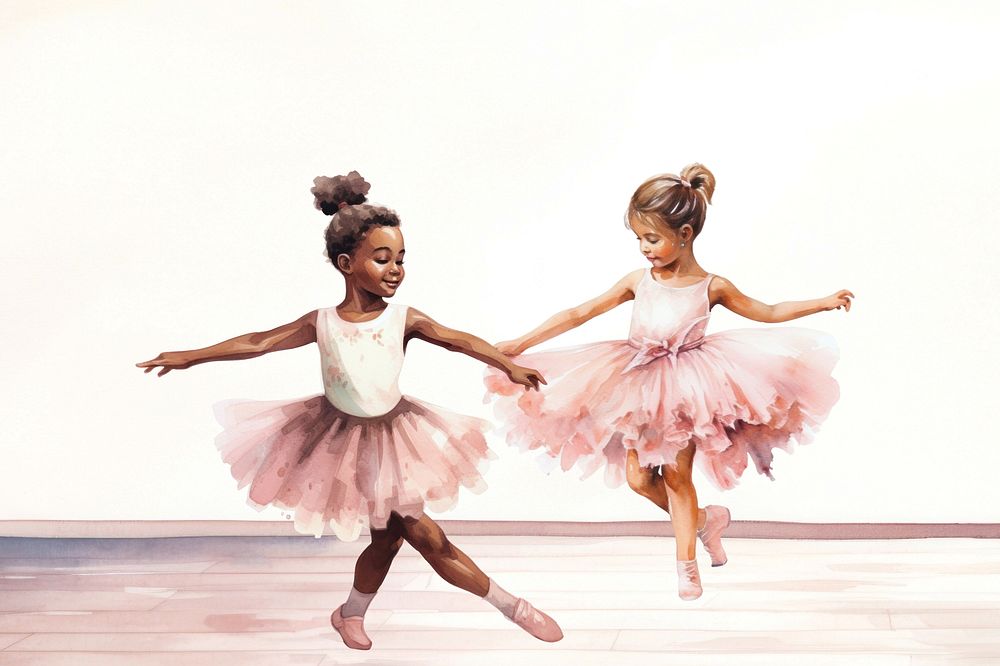 Little ballerina girls dancing, watercolor illustration remix