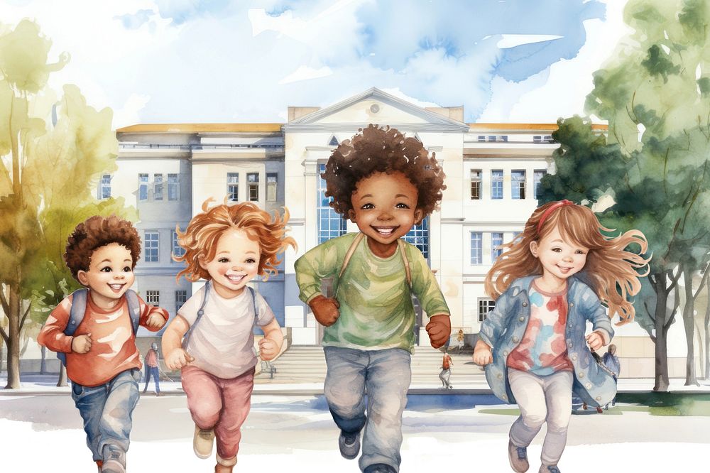 Diverse students after school, watercolor illustration remix