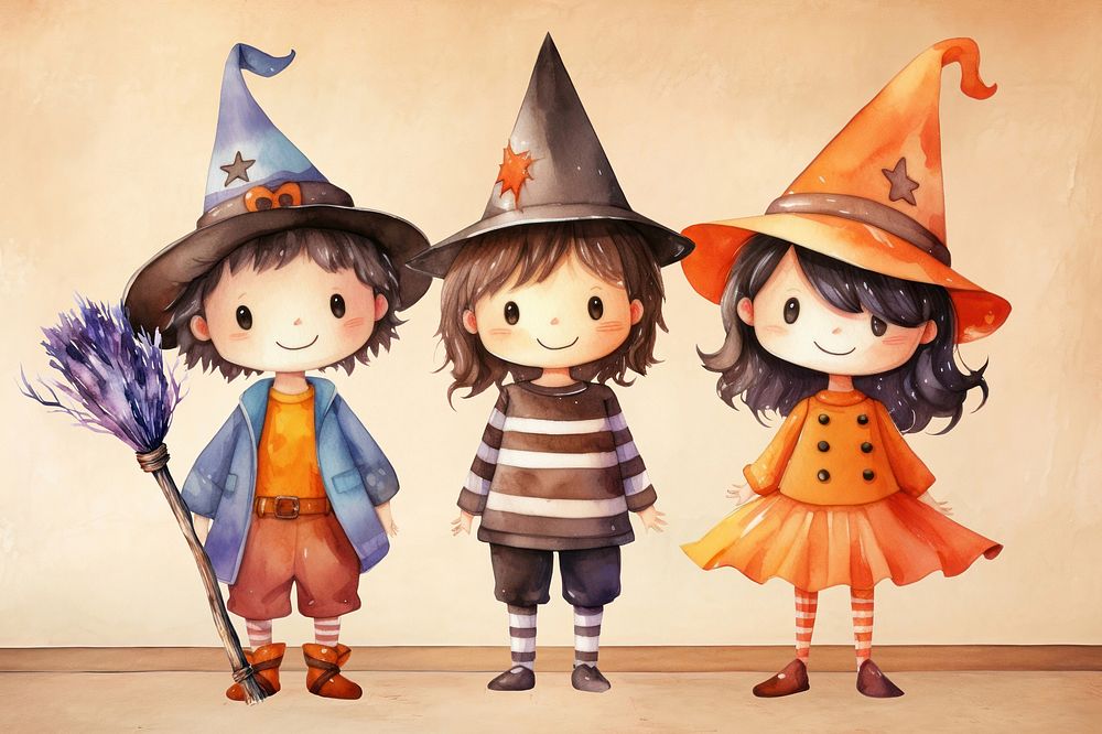 Kids in Halloween costume, watercolor illustration remix