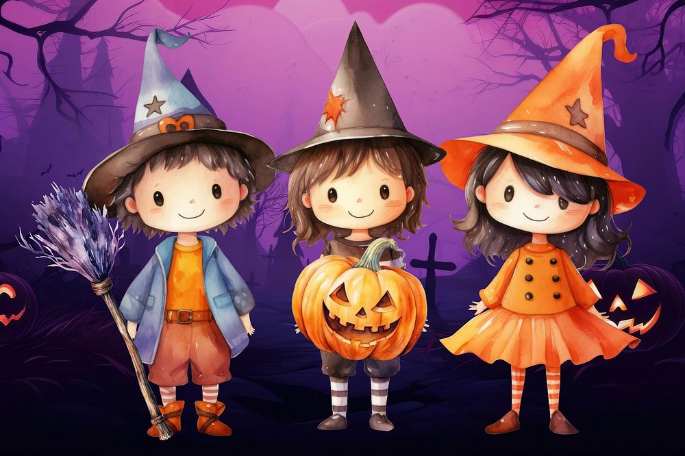 Kids in Halloween costume, watercolor illustration remix