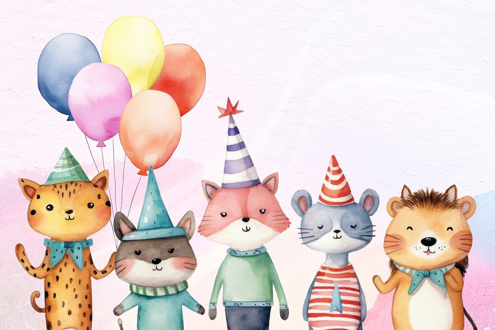 Cute animal birthday party cartoon, watercolor illustration remix