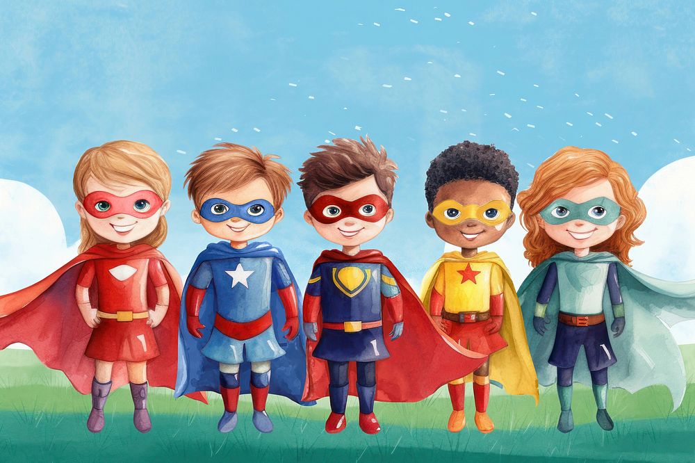 Colorful & diverse kid superheroes, watercolor illustration remix