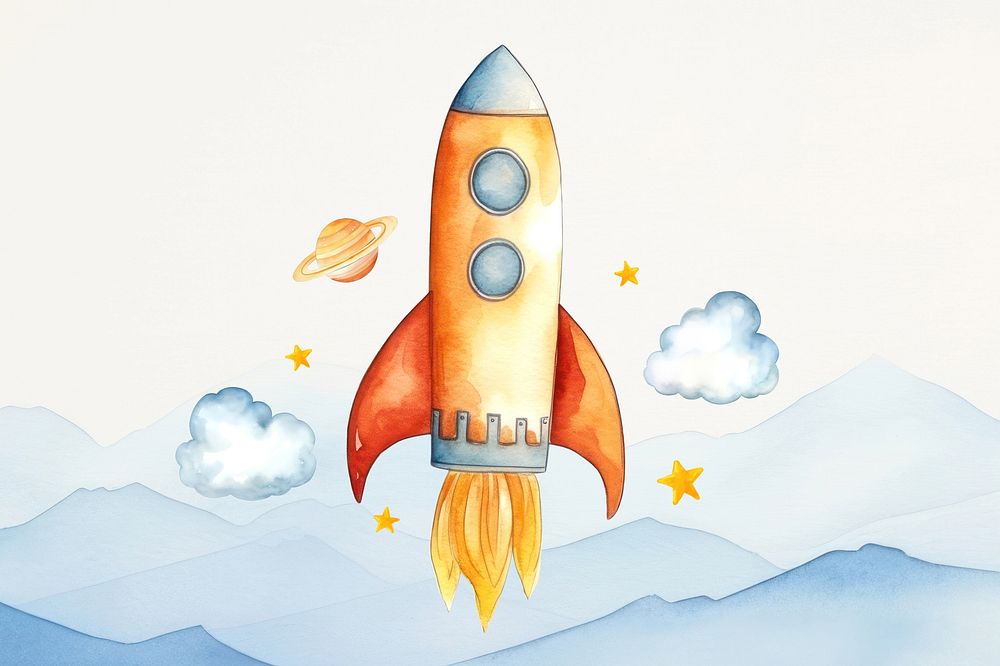 Launching rocket, watercolor illustration remix