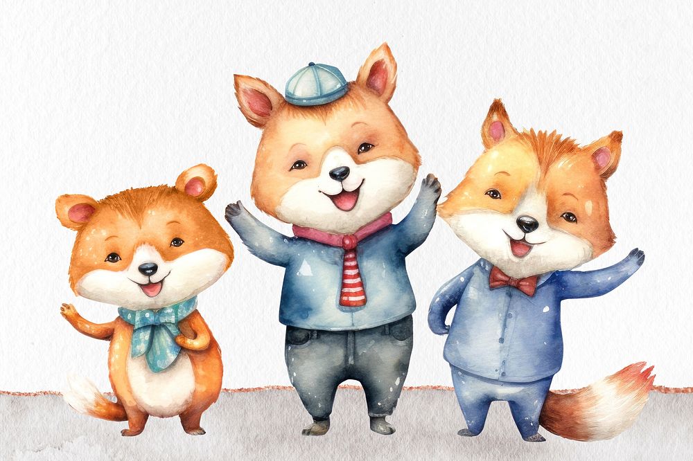 Cute fox students cartoon, watercolor illustration remix
