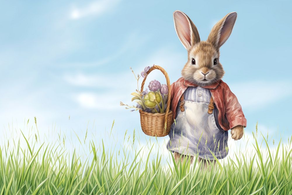 Bunny carrying vegetable basket, digital art remix