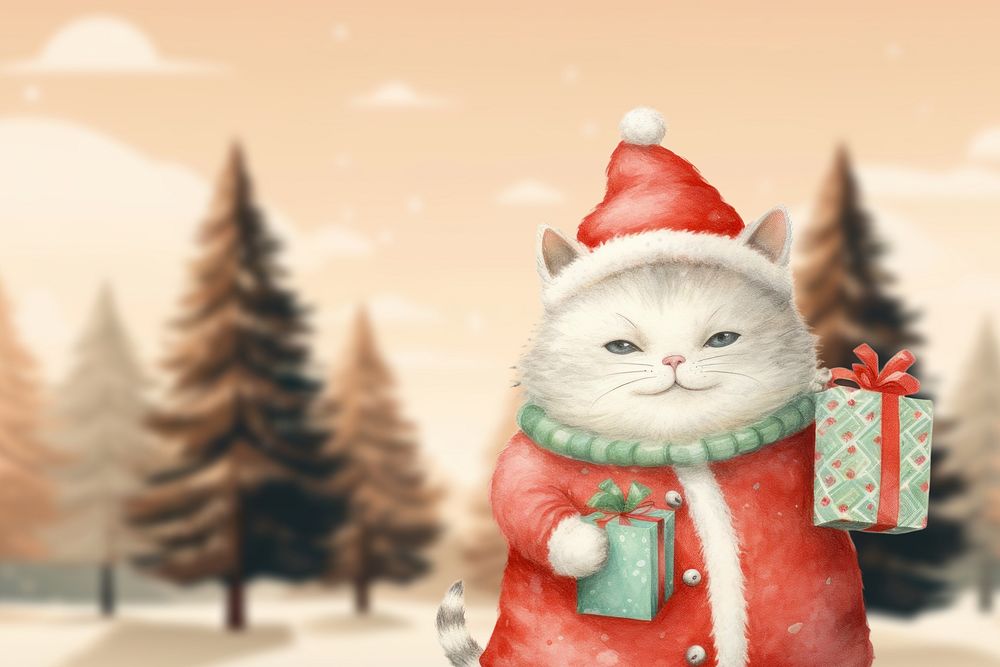 Christmas cat with gift, digital art remix