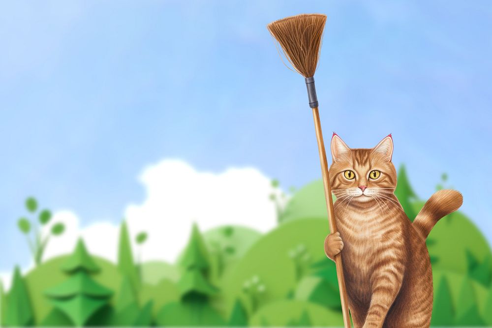 Cat holding broom, digital art remix