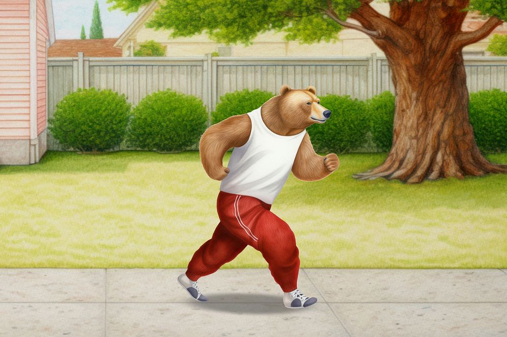 Grizzly bear jogging in gym clothes, digital art remix