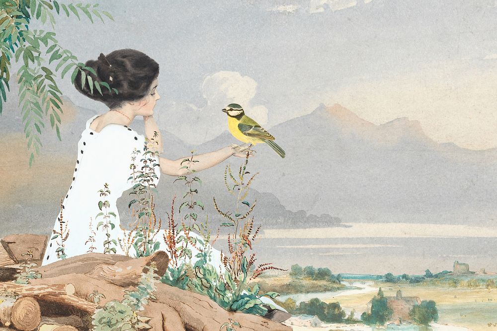 Woman with bird vintage illustration remixed by rawpixel.