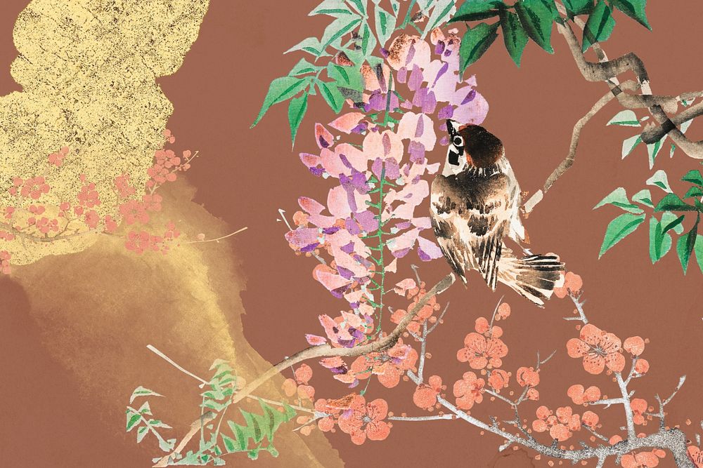  Vintage Japanese bird and flower illustration  remixed by rawpixel.