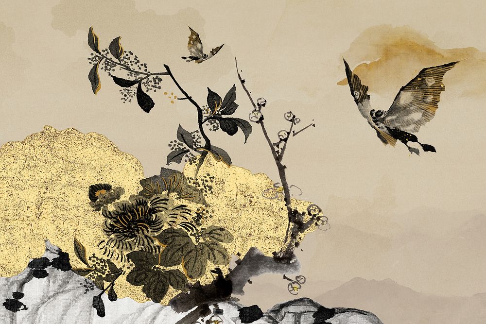 Aesthetic flower Japanese ink illustration remixed by rawpixel.