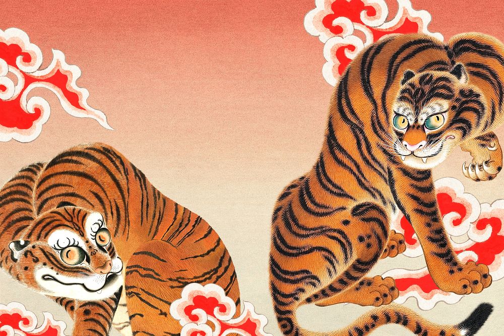 Vintage Japanese tigers illustration  remixed by rawpixel.