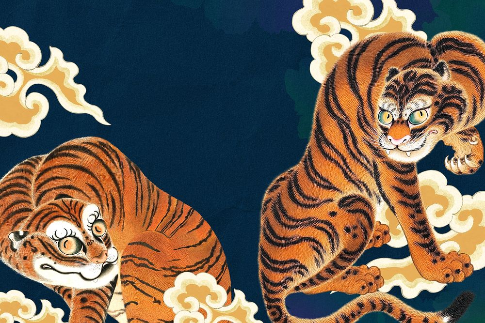 Vintage Japanese tigers illustration  remixed by rawpixel.