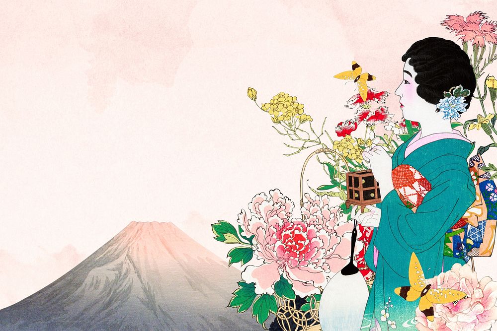 Japanese woman, Fuji Mount illustration background remixed by rawpixel.
