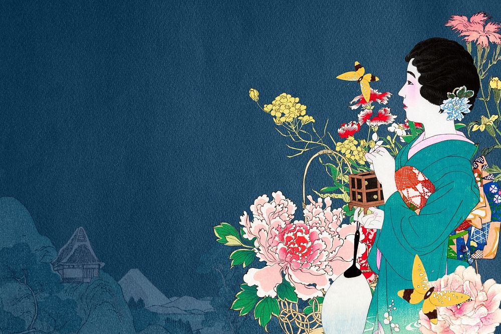Japanese woman floral illustration background remixed by rawpixel.