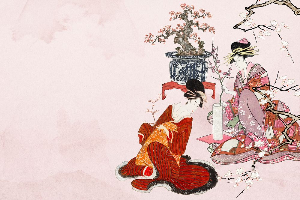Vintage Japanese woman  illustration background remixed by rawpixel.