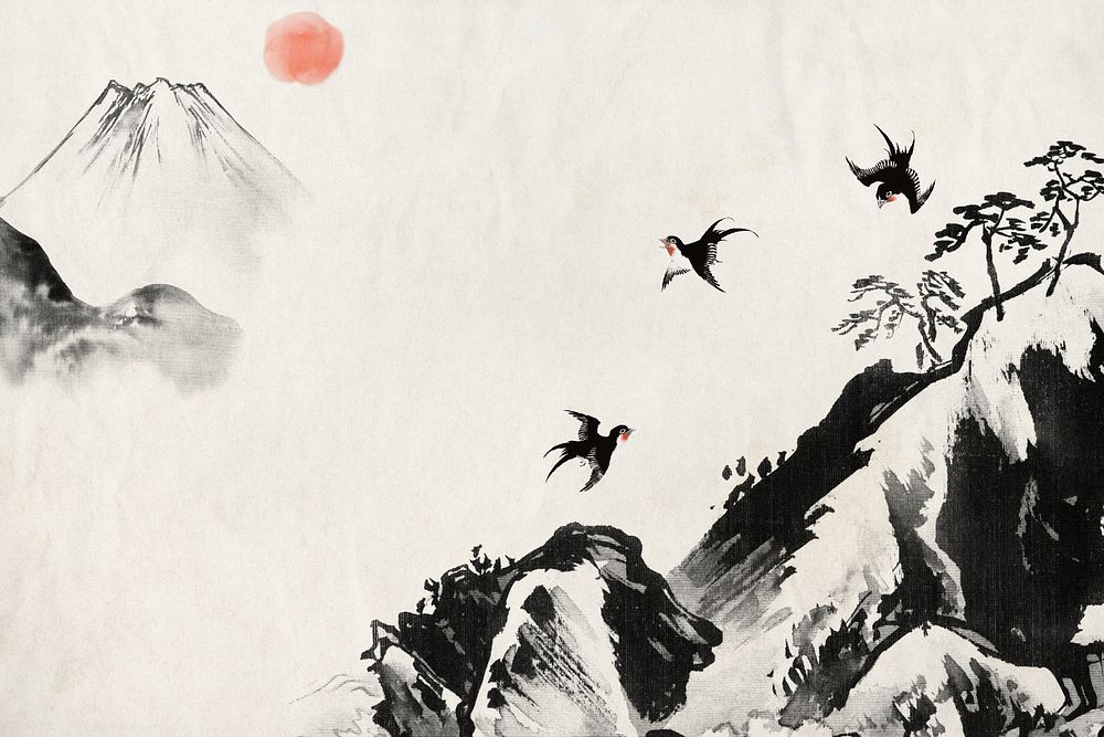 Mount Fuji, vintage Japanese  illustration background remixed by rawpixel.