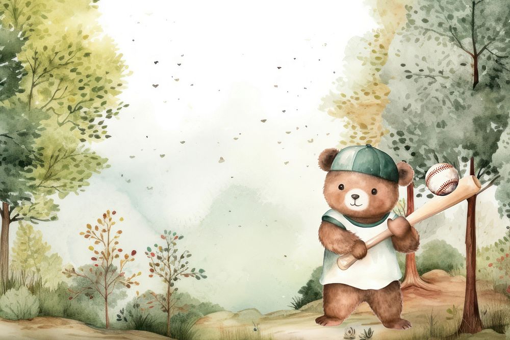 Cartoon bear baseball player watercolor animal character illustration