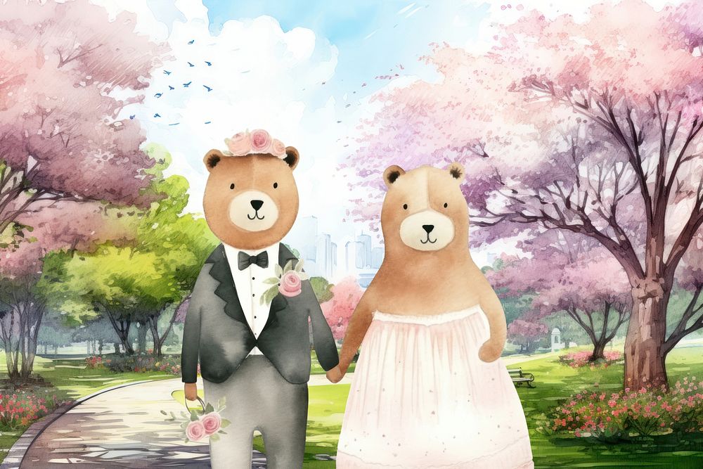 Cartoon wedding ceremony  watercolor animal character illustration