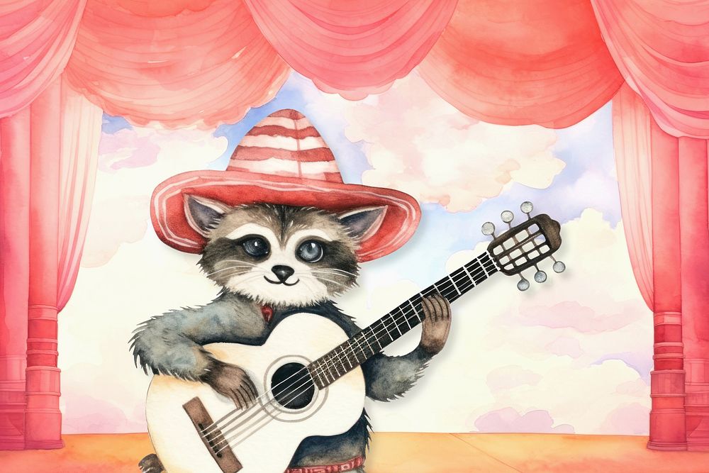 Cartoon raccoon musician watercolor animal character illustration