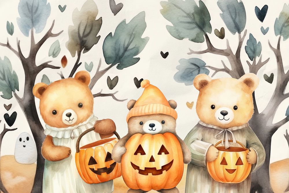 Cartoon Halloween trick or treating watercolor animal character illustration