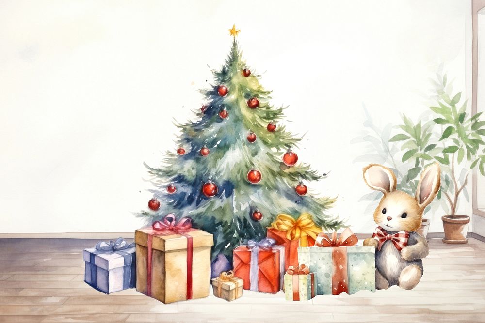 Cartoon Christmas gifts watercolor animal character illustration