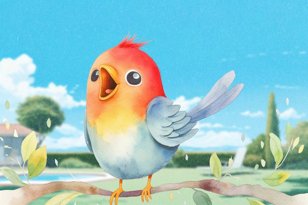 Cartoon singing bird watercolor animal character illustration