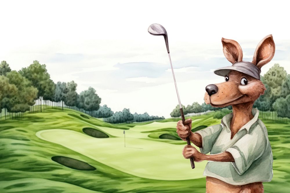 Cartoon  kangaroo golfer watercolor animal character illustration