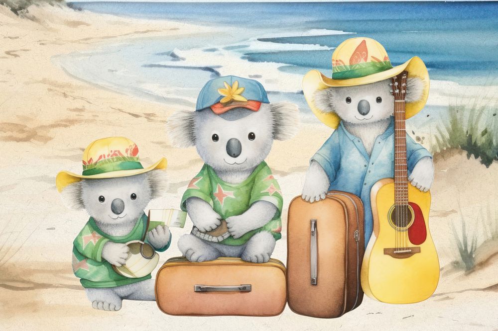 Cartoon koala musicians watercolor animal character illustration
