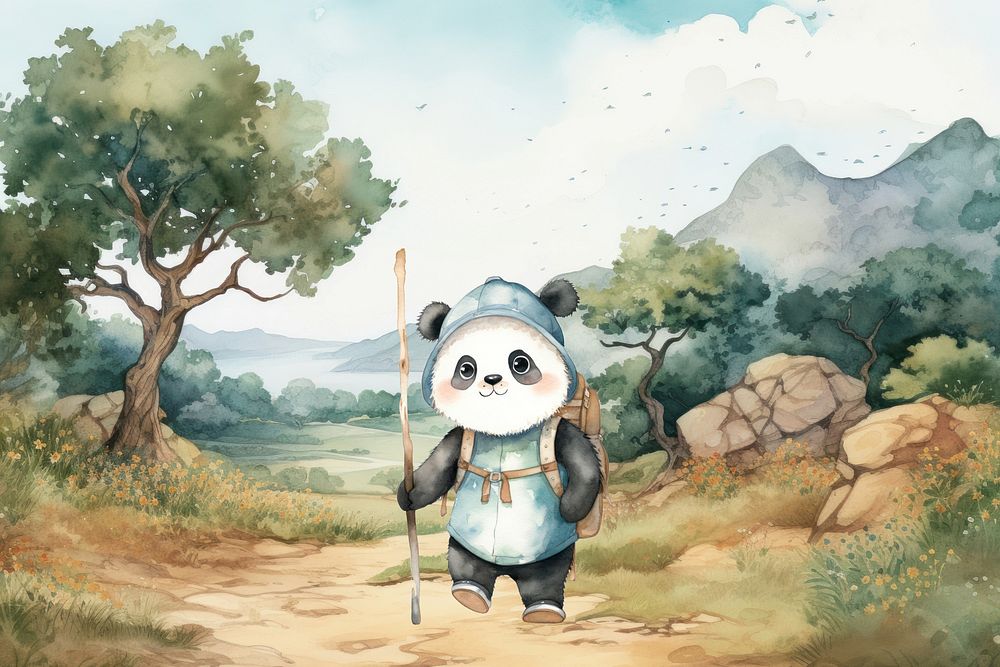 Cartoon panda trekking watercolor animal character illustration