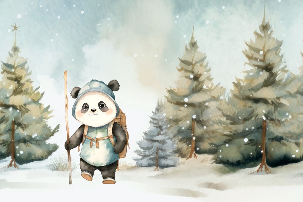 Cartoon panda trekking watercolor animal character illustration