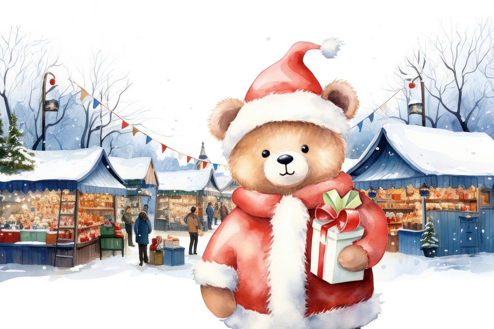 Cartoon Christmas market watercolor animal character illustration