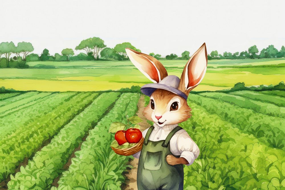 Cartoon bunny farmer watercolor animal character illustration