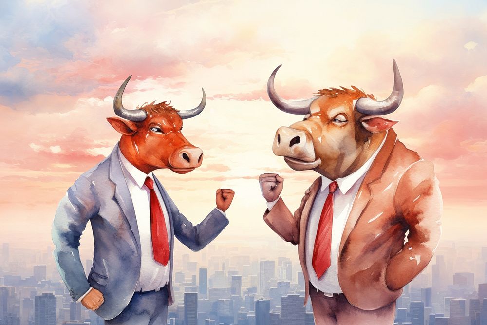 Cartoon bull businessmen watercolor animal character illustration
