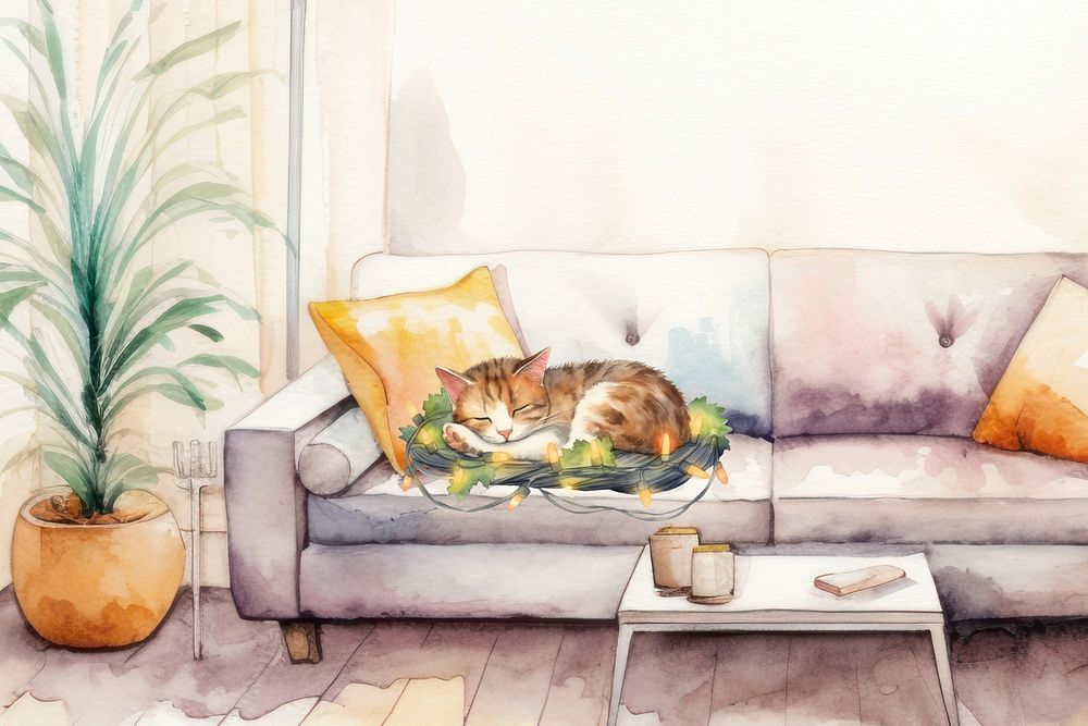 Cartoon sleeping cat watercolor animal character illustration