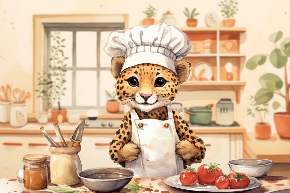Cartoon chef cheetah watercolor animal character illustration
