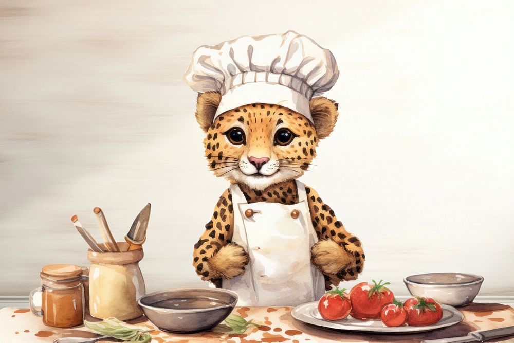 Cartoon chef cheetah watercolor animal character illustration