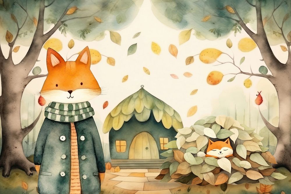 Cartoon Autumn foxes watercolor animal character illustration