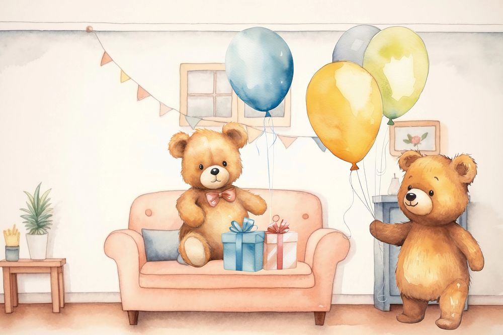 Cartoon birthday party watercolor animal character illustration