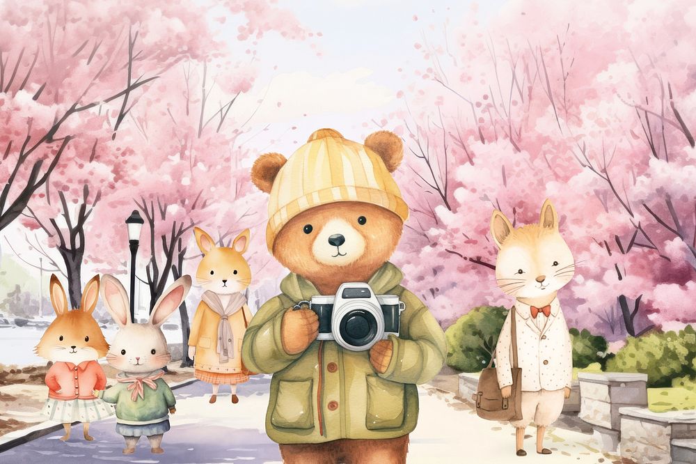 Cartoon Japan travel watercolor animal character illustration