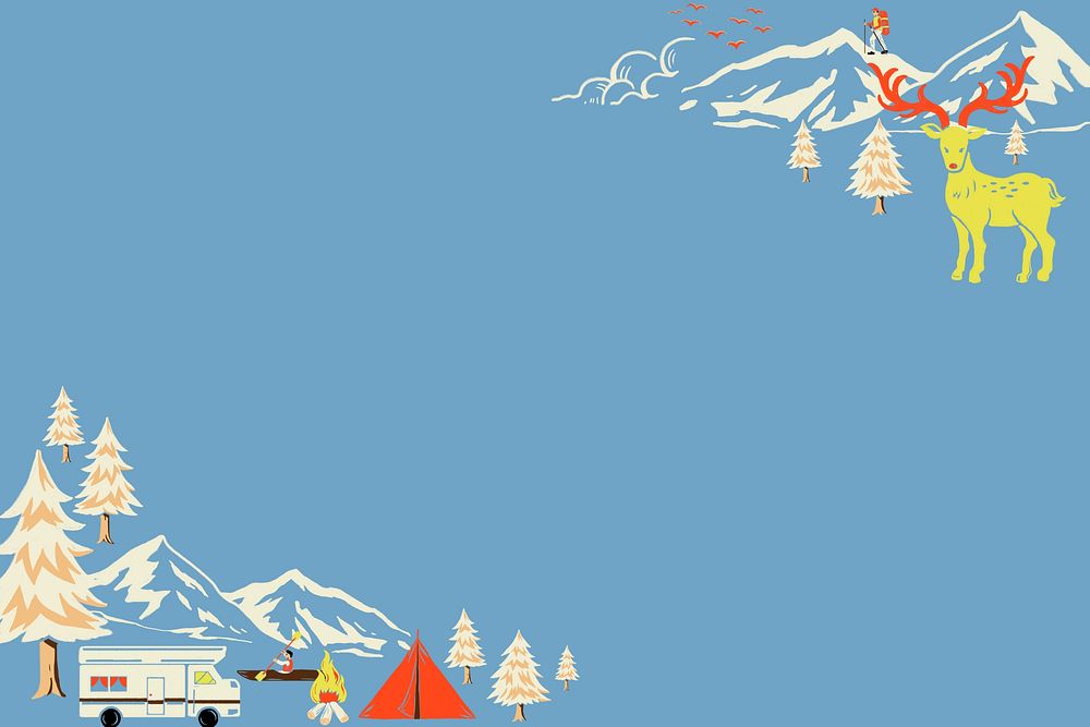 Blue Winter travel background, retro illustration