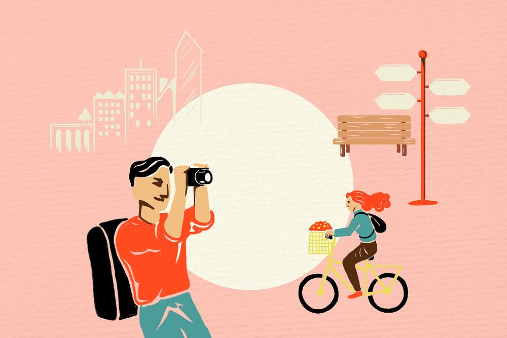 Pink City travel frame background, retro illustration 