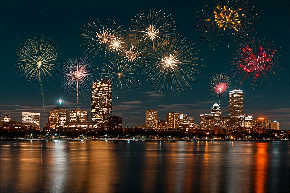 New Year cityscape photo with fireworks effect