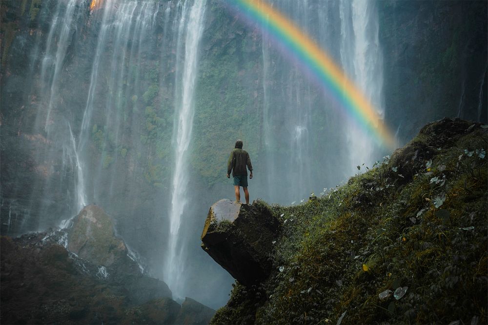 Beautiful waterfall photo with rainbow effect