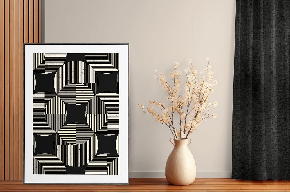 Framed abstract photo and flower vase, home decor
