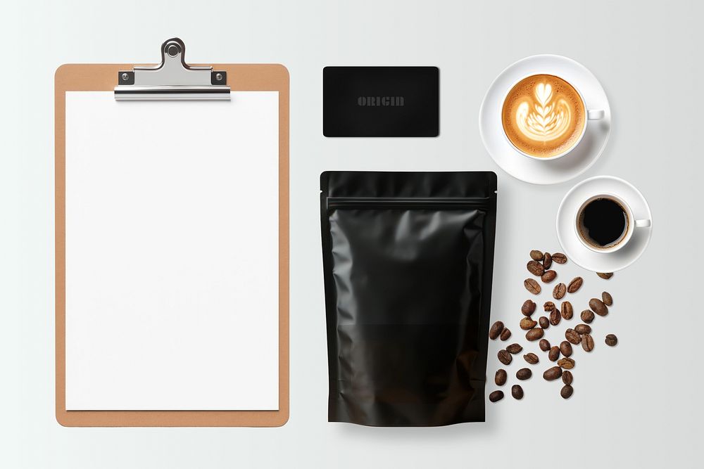 Coffee bean bag, clipboard, corporate identity set