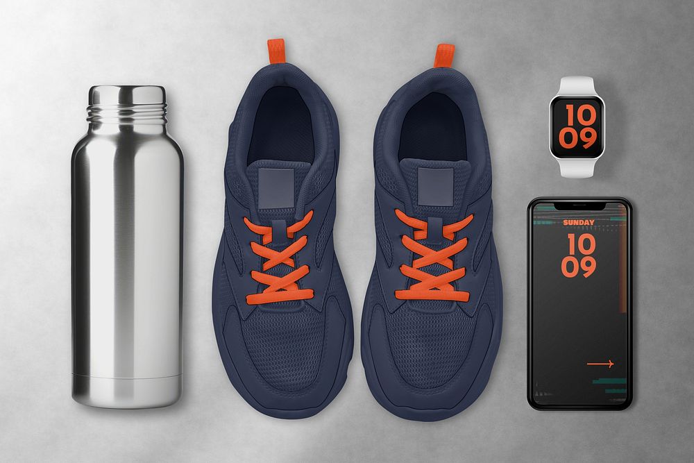 Blue sneakers and portable water bottle set
