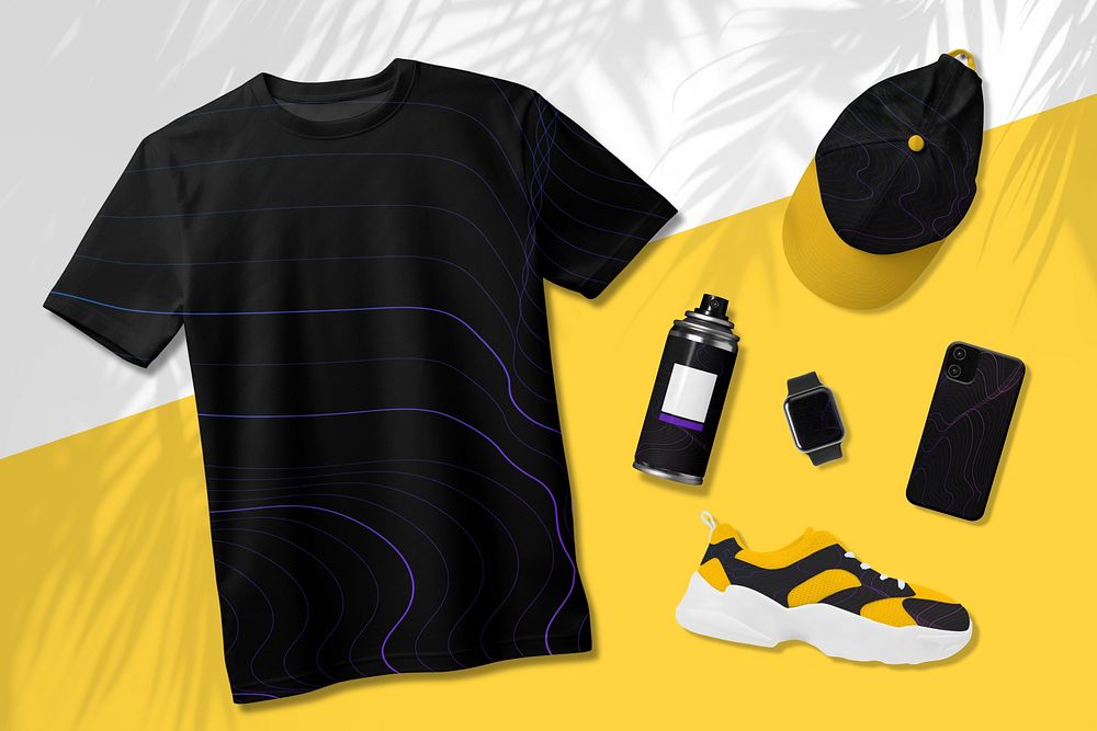 Black t-shirt, sneaker, smartwatch and mobile phone